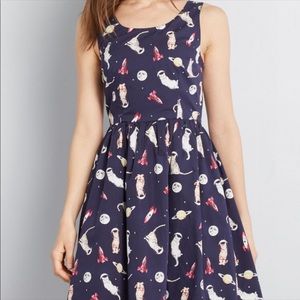 ModCloth Cats In Space Fit & Flare Sun Dress Size Large Navy Blue